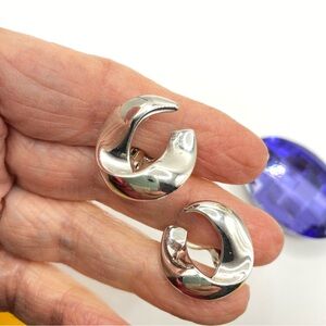 Vintage MONET Earrings Silver Wave Disc Semi Circle Hoop Clip On